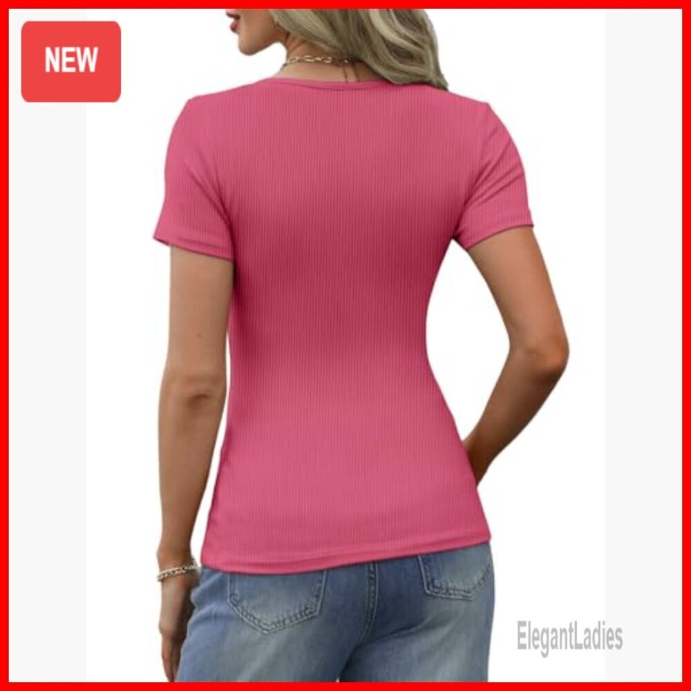 Short Sleeve Ribbed Henley Top Scoop Neck Fitted Tee Summer Basic - Picture 4 of 7